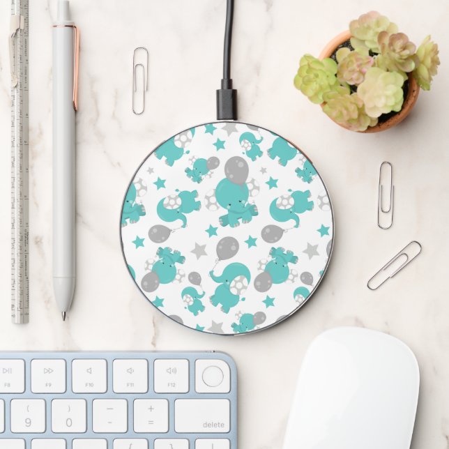 Pattern Of Blue Elephants, Cute Elephants, Stars Wireless Charger (Desk)