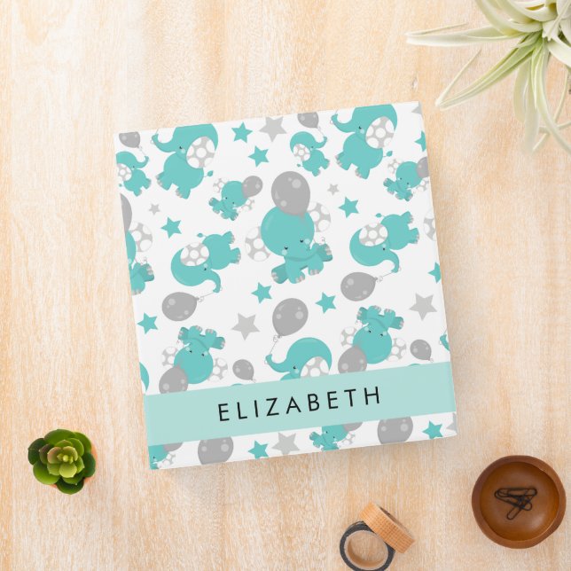 Pattern Of Blue Elephants, Stars, Your Name 3 Ring Binder (In Situ)