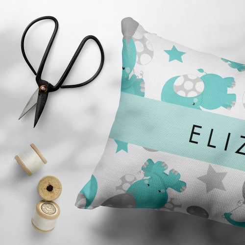 Pattern Of Blue Elephants Stars Your Name Accent Pillow
