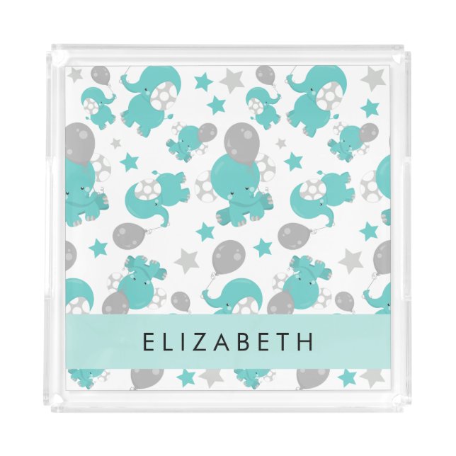 Pattern Of Blue Elephants, Stars, Your Name Acrylic Tray (Front)