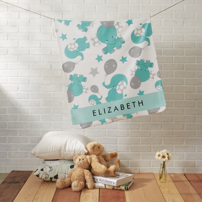 Pattern Of Blue Elephants, Stars, Your Name Baby Blanket (In Situ)