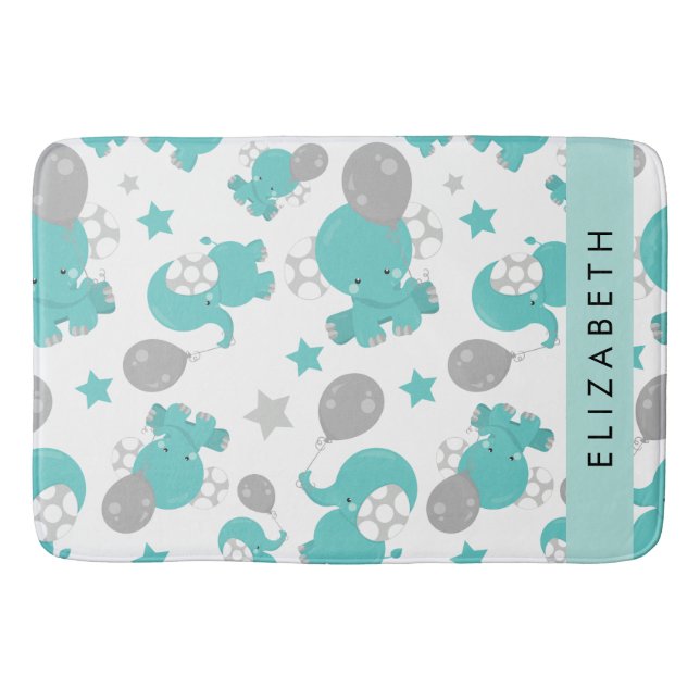 Pattern Of Blue Elephants, Stars, Your Name Bath Mat (Front)