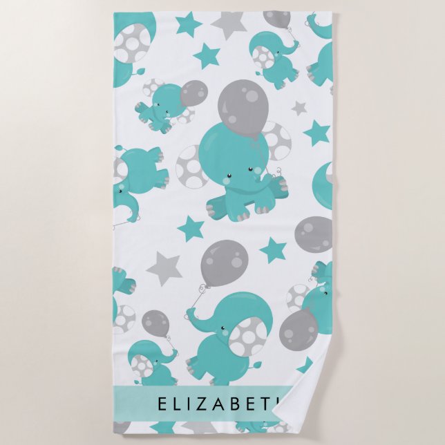 Pattern Of Blue Elephants, Stars, Your Name Beach Towel (Front)
