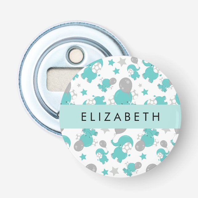 Pattern Of Blue Elephants, Stars, Your Name Bottle Opener (Front)