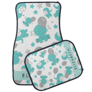 Pattern Of Blue Elephants, Stars, Your Name Car Floor Mat