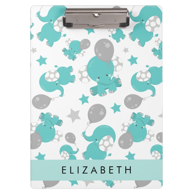 Pattern Of Blue Elephants, Stars, Your Name Clipboard (Front)