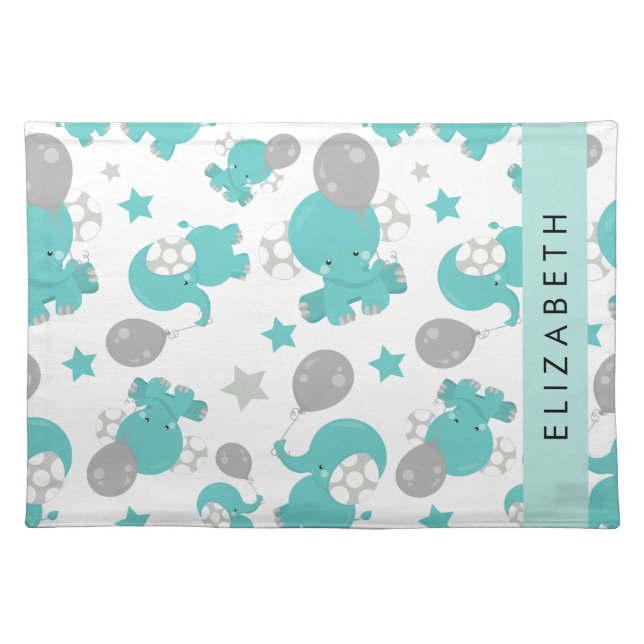 Pattern Of Blue Elephants, Stars, Your Name Cloth Placemat (Front)