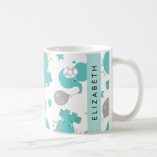 Pattern Of Blue Elephants, Stars, Your Name Coffee Mug