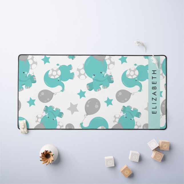 Pattern Of Blue Elephants, Stars, Your Name Desk Mat (Kids Table)