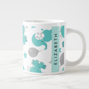 Pattern Of Blue Elephants, Stars, Your Name Giant Coffee Mug
