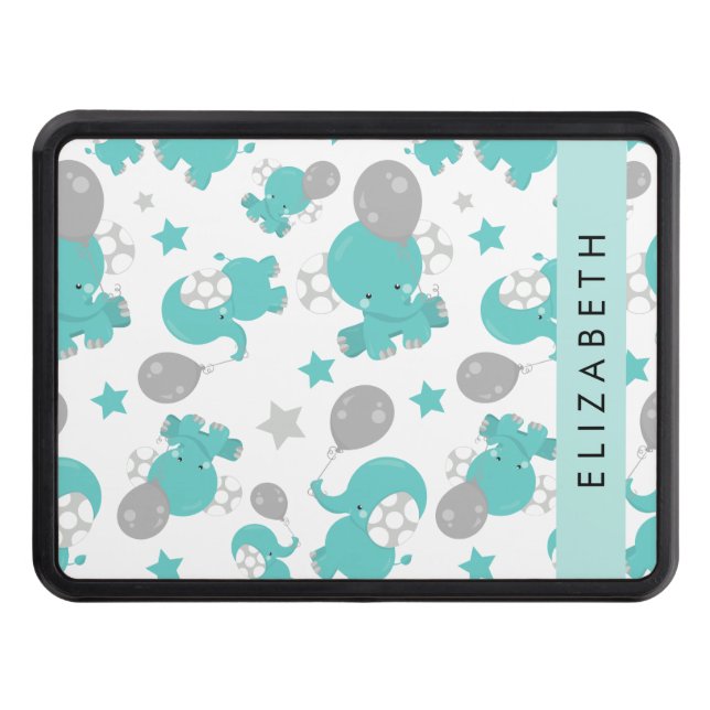 Pattern Of Blue Elephants, Stars, Your Name Hitch Cover (Front)