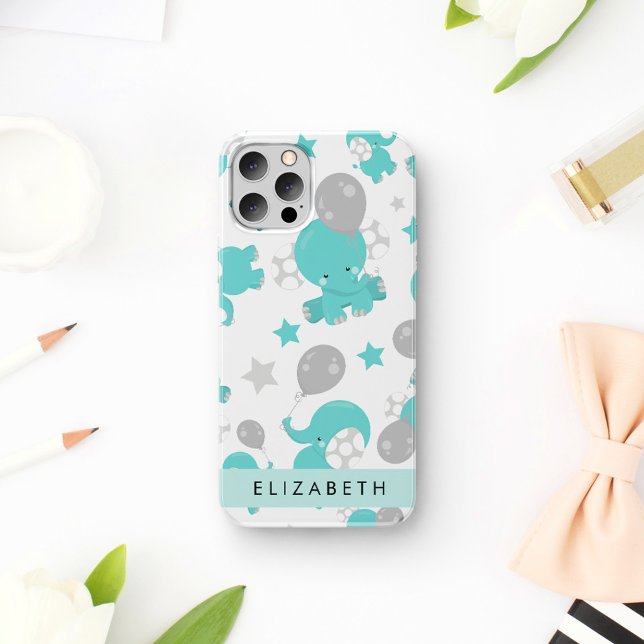Pattern Of Blue Elephants, Stars, Your Name iPhone Case (Creator Uploaded)