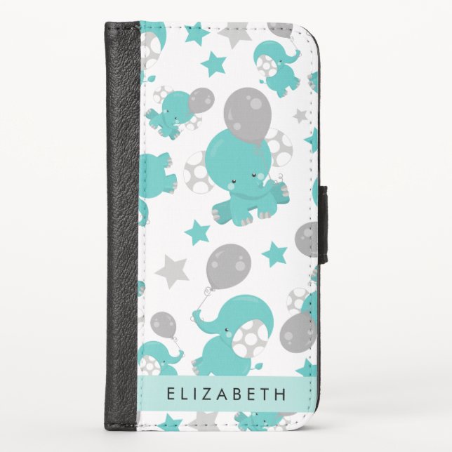 Pattern Of Blue Elephants, Stars, Your Name iPhone Wallet Case (Front)
