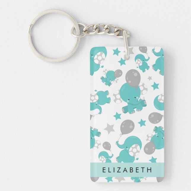 Pattern Of Blue Elephants, Stars, Your Name Keychain (Front)