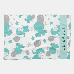 Pattern Of Blue Elephants, Stars, Your Name Kitchen Towel