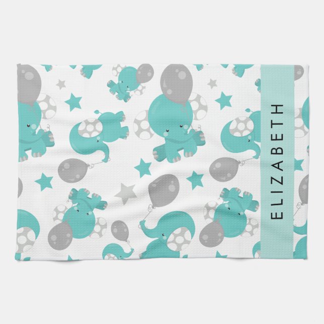 Pattern Of Blue Elephants, Stars, Your Name Kitchen Towel (Horizontal)