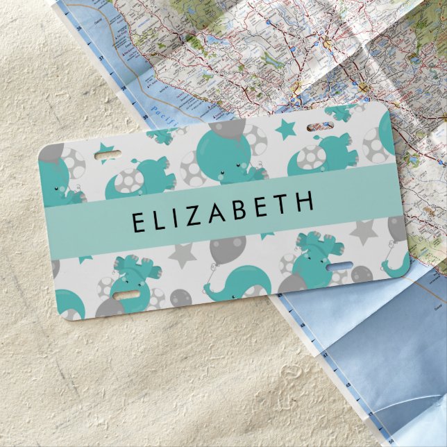 Pattern Of Blue Elephants, Stars, Your Name License Plate (In Situ)