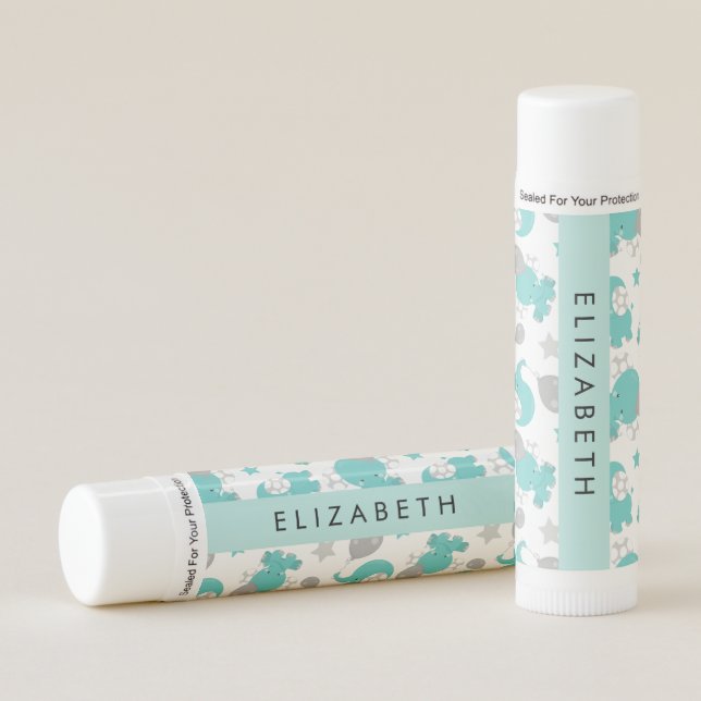 Pattern Of Blue Elephants, Stars, Your Name Lip Balm (Front)