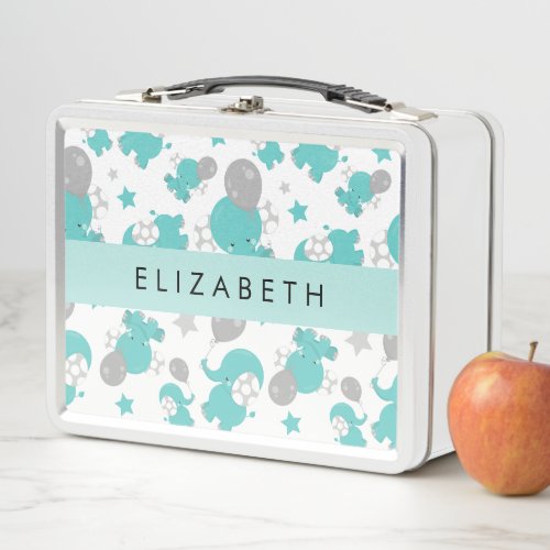 Pattern Of Blue Elephants Stars Your Name Metal Lunch Box