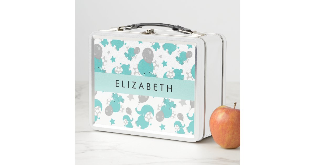 Pattern Of Blue Elephants, Stars, Your Name Metal Lunch Box | Zazzle