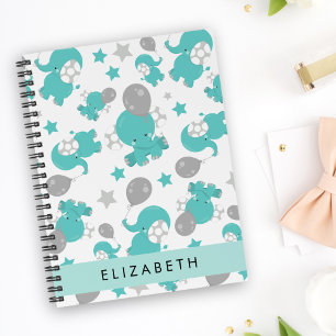 Pattern Of Blue Elephants, Stars, Your Name Notebook