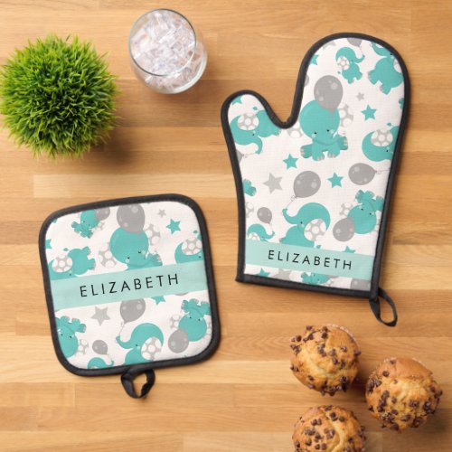 Pattern Of Blue Elephants Stars Your Name Oven Mitt  Pot Holder Set