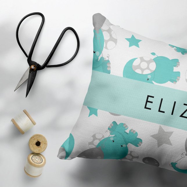 Pattern Of Blue Elephants, Stars, Your Name Pillow Case (Creator Uploaded)
