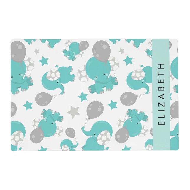 Pattern Of Blue Elephants, Stars, Your Name Placemat (Front)