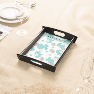Pattern Of Blue Elephants, Stars, Your Name Serving Tray