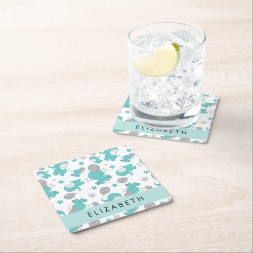 Pattern Of Blue Elephants Stars Your Name Square Paper Coaster