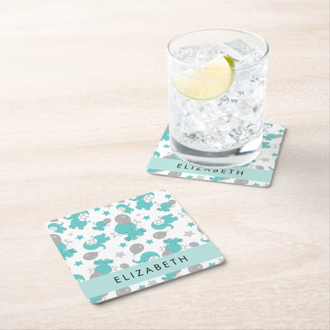 Pattern Of Blue Elephants, Stars, Your Name Square Paper Coaster (Insitu)