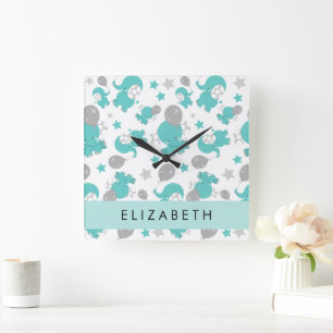 Pattern Of Blue Elephants, Stars, Your Name Square Wall Clock