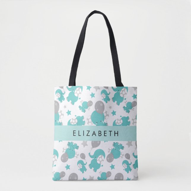 Pattern Of Blue Elephants, Stars, Your Name Tote Bag (Front)