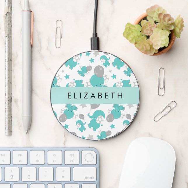 Pattern Of Blue Elephants, Stars, Your Name Wireless Charger (Desk)