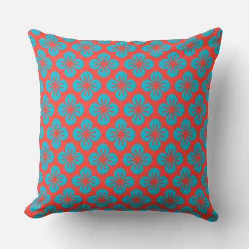 Pattern of blue flowers on a red background throw pillow
