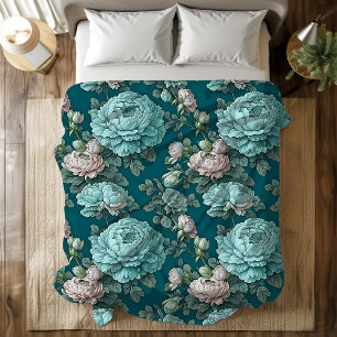 Pattern of Blue Peonies on a Green Background Duvet Cover