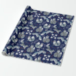 Pattern Of Blue Polar Foxes, Plants On Navy Blue Wrapping Paper<br><div class="desc">An elegant wrapping paper featuring stylish images of cute polar foxes of blue and white colors, flowers, plants, berries against the background of navy blue color. Good to wrap up your Christmas, New Year, birthday, and other gifts. This design is customizable. You can change the image. You can transfer the...</div>