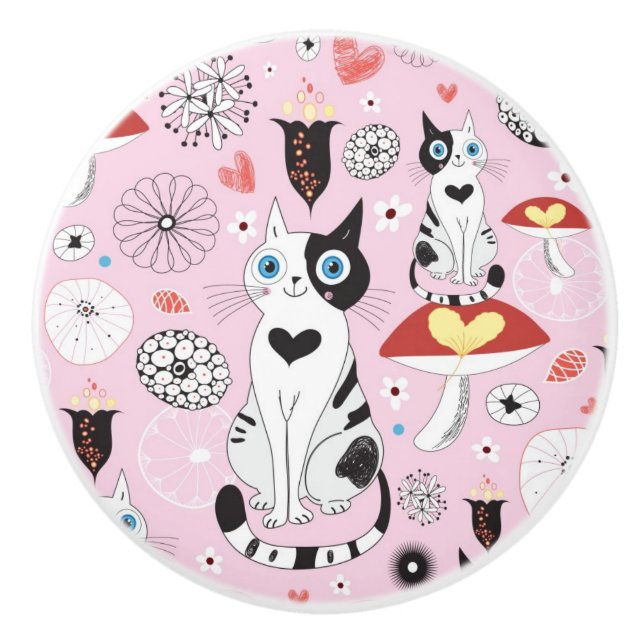 pattern of cats and flowers ceramic knob (Front)