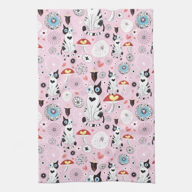 pattern of cats and flowers kitchen towel (Vertical)