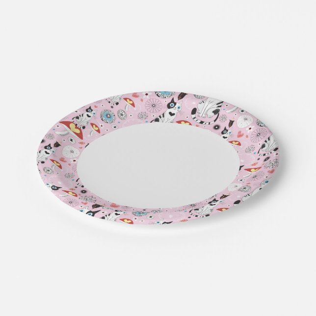 pattern of cats and flowers paper plates (Angled)