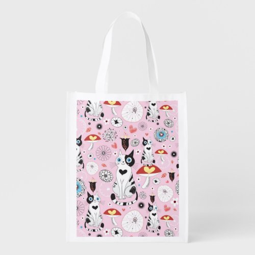 pattern of cats and flowers reusable grocery bag