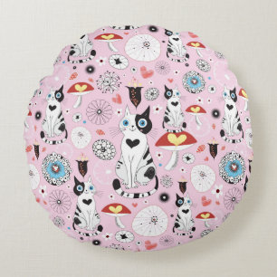 pattern of cats and flowers round pillow