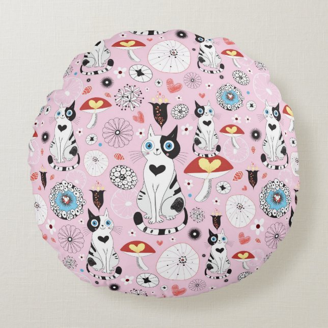 pattern of cats and flowers round pillow (Front)