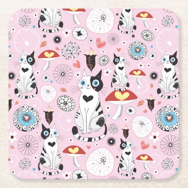 pattern of cats and flowers square paper coaster (Front)