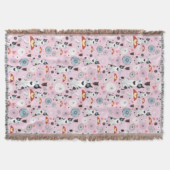 pattern of cats and flowers throw blanket (Front)