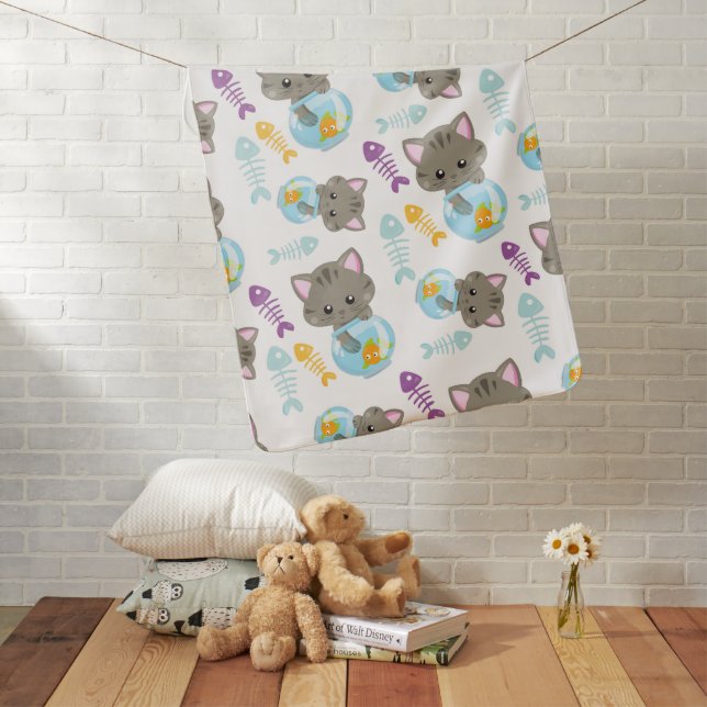 Pattern Of Cats, Cute Cats, Kittens, Fish Baby Blanket (In Situ)