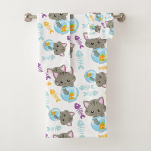 Pattern Of Cats, Cute Cats, Kittens, Fish Bath Towel Set