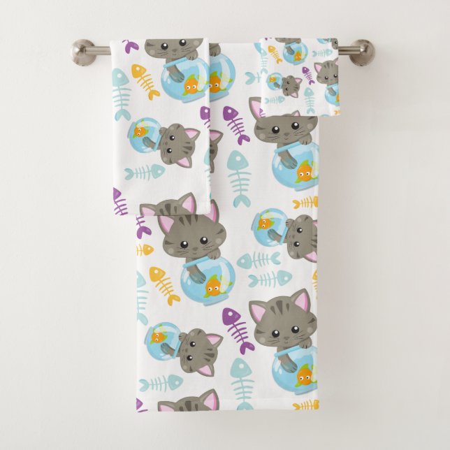 Pattern Of Cats, Cute Cats, Kittens, Fish Bath Towel Set (Insitu)