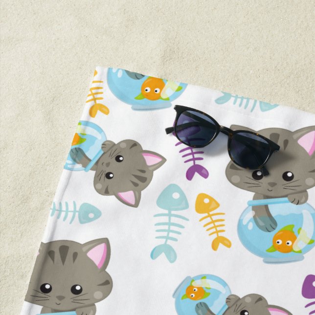 Pattern Of Cats, Cute Cats, Kittens, Fish Beach Towel (In Situ)