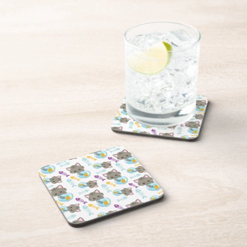 Pattern Of Cats Cute Cats Kittens Fish Beverage Coaster
